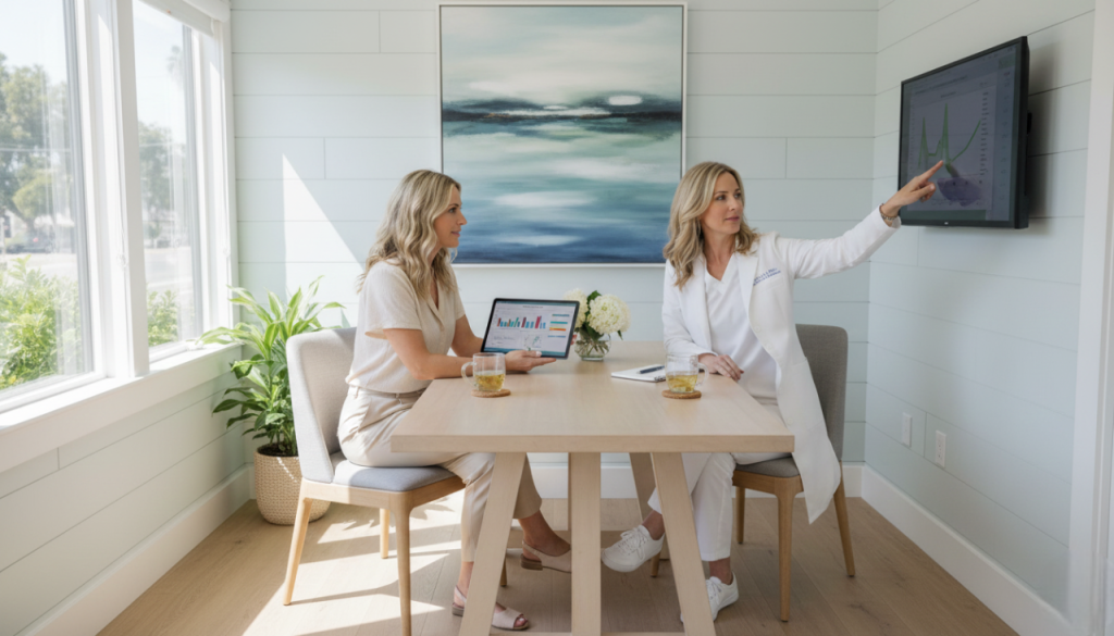 Patient reviewing metabolic lab testing results with wellness expert at Alcheme Health in Del Mar, San Diego.