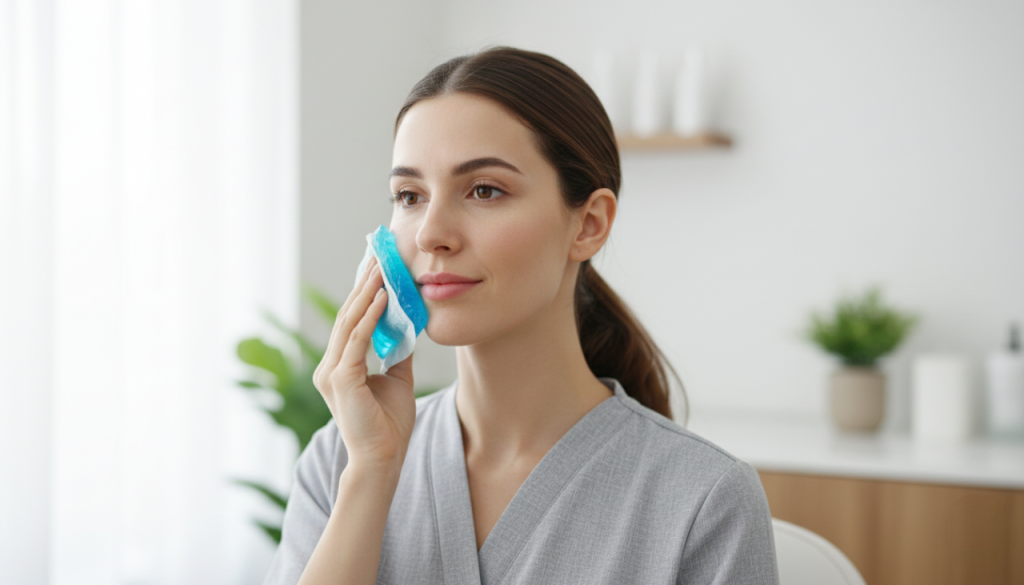 Cool compress after dermal filler treatment in Del Mar San Diego for filler aftercare swelling support.