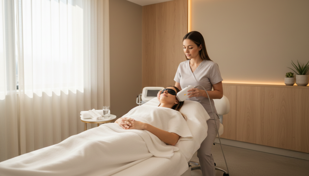 Non surgical skin tightening treatment in Del Mar San Diego CA performed in a modern med spa setting.