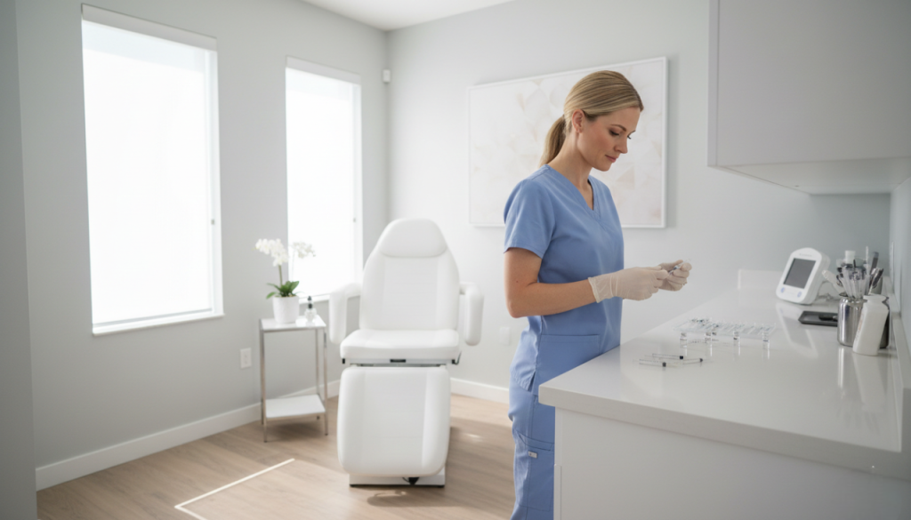 Cosmetic injectables treatment room in Del Mar CA med spa with professional provider preparing injections