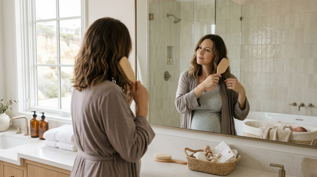 Woman experiencing postpartum hair loss brushing hair in Del Mar CA home