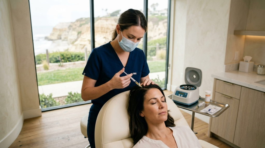 PRP treatment for postpartum hair loss at med spa in Del Mar CA