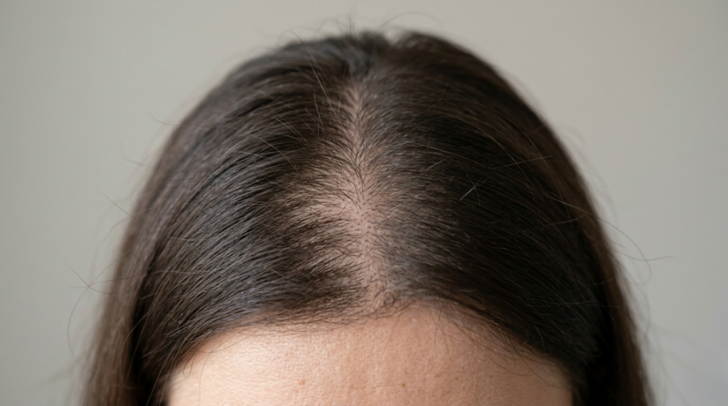 Close-up of scalp showing postpartum hair loss thinning in Del Mar CA
