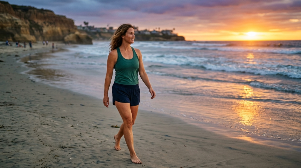 Woman feeling energized and balanced after hormone therapy walking on Del Mar beach CA