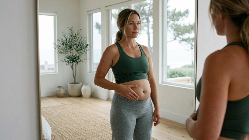 Woman in Del Mar CA examining stubborn fat areas in mirror at home