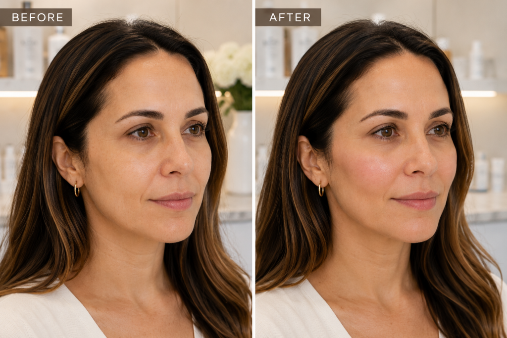 Before and after cheek dermal filler results in Del Mar CA with natural facial contour enhancement.