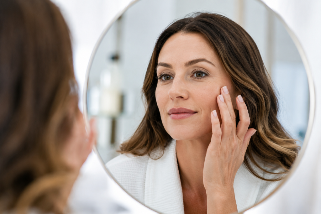Patient admiring smoother skin and reduced facial wrinkles after cosmetic injectable treatment.