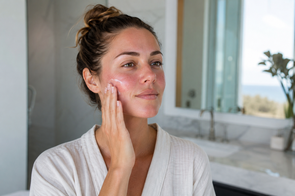 Woman following a gentle post-microneedling skincare routine in Del Mar CA.