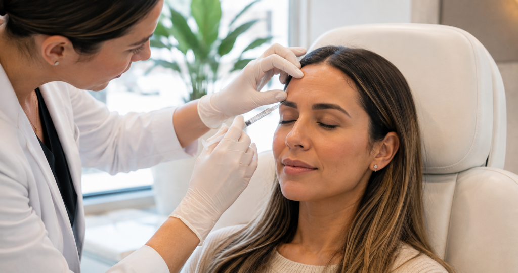 Medical provider administering Botox for chronic migraines to a female patient in Del Mar, San Diego.