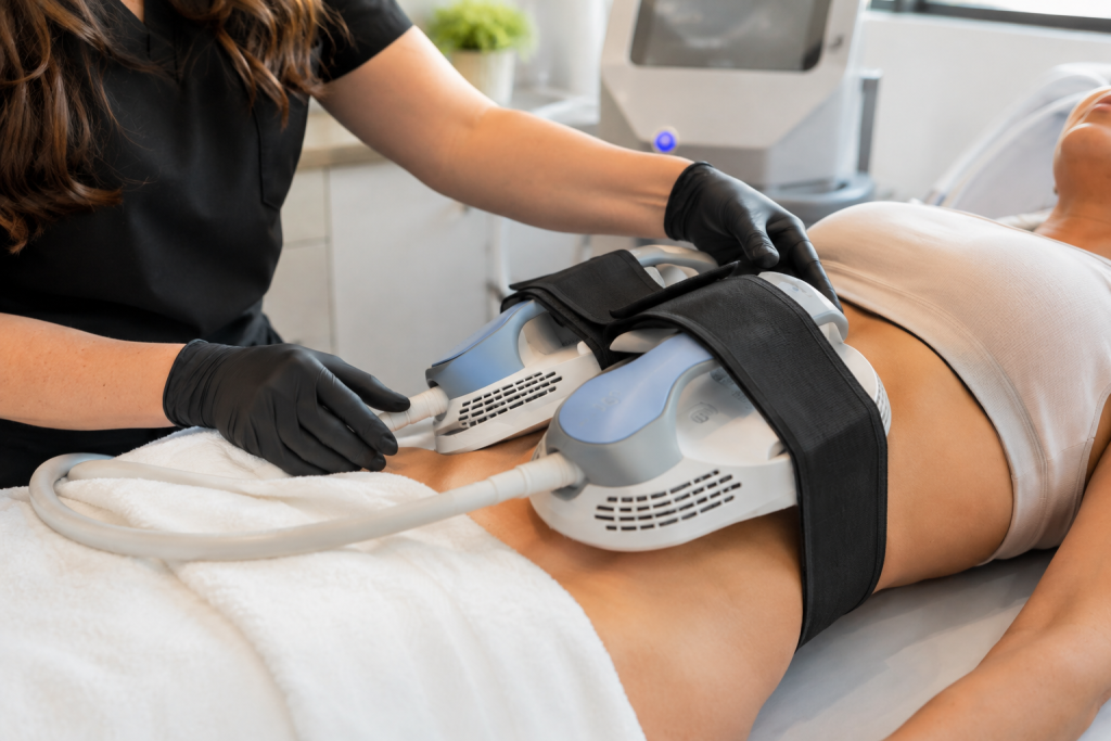 Close-up of Emsculpt abs applicators positioned on a patient's abdomen during a non-invasive body contouring treatment.