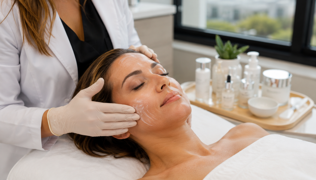 Professional skincare treatment in Del Mar with an aesthetic provider applying customized facial skincare.