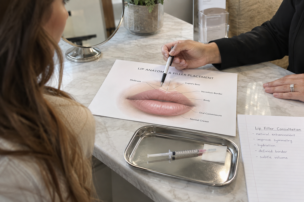 Lip filler consultation setup at a Del Mar medical spa