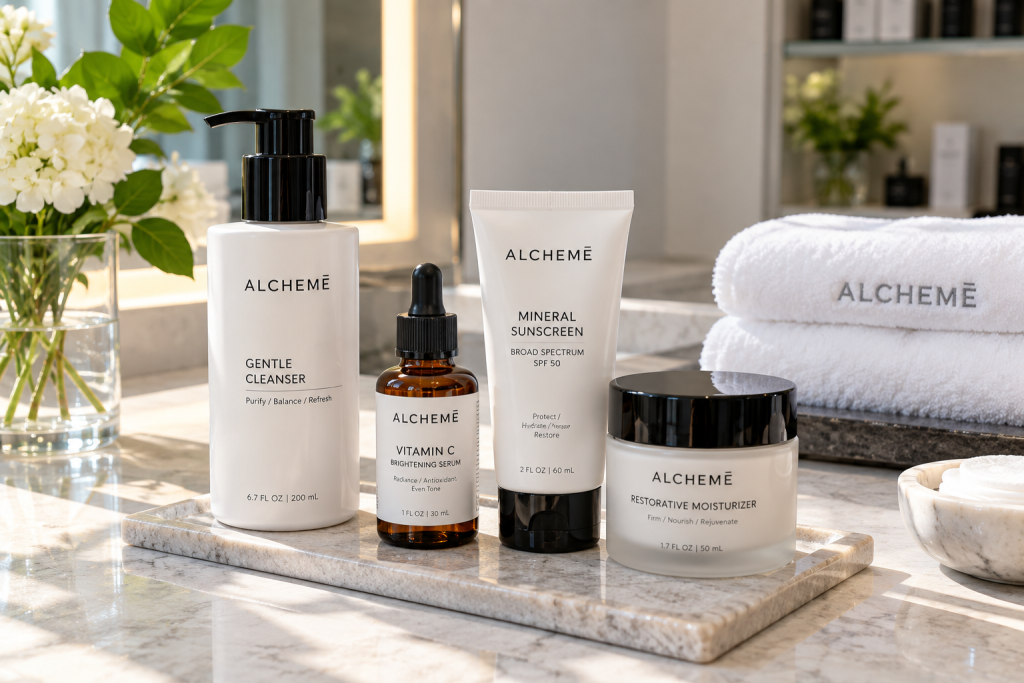 Daily anti-aging skincare routine products including cleanser, serum, and sunscreen