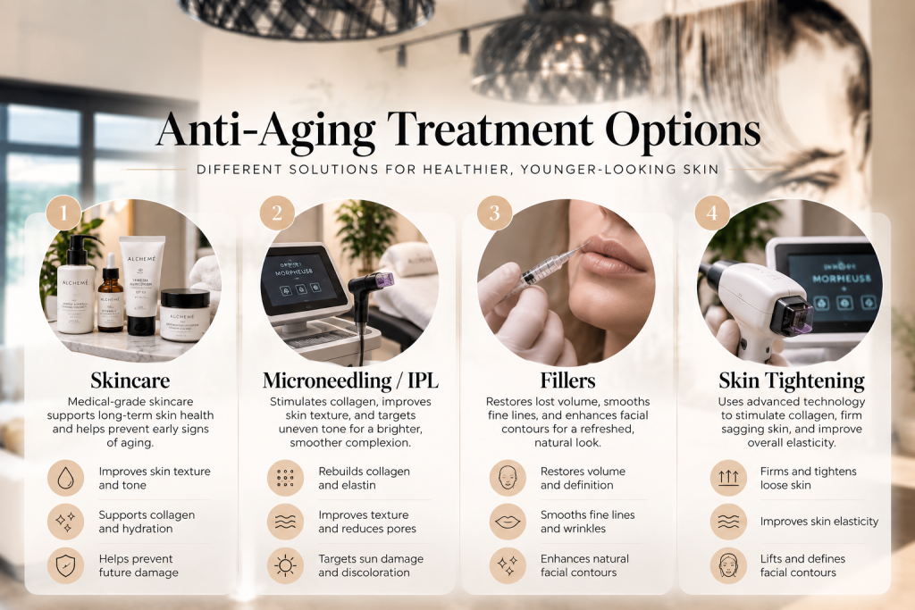 Comparison chart of anti-aging treatment options from skincare to professional procedures