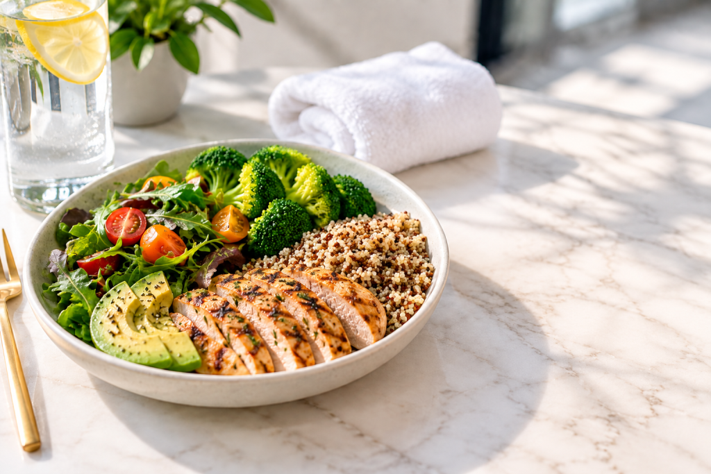 Balanced meal and exercise routine supporting a GLP-1 weight loss plan