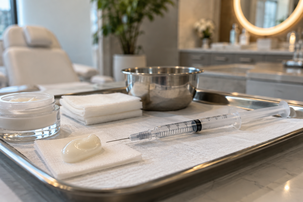Hyaluronic acid lip filler syringe on a clinical tray