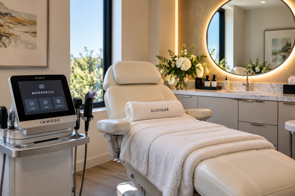 Medical spa treatment room setup for RF microneedling and skin-tightening treatments